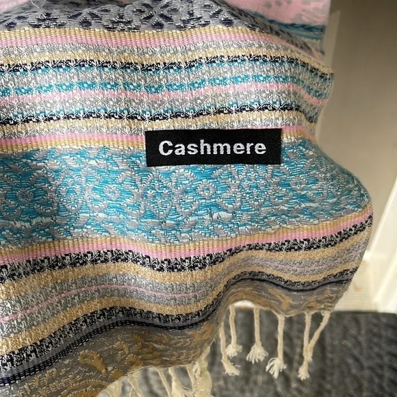 Beautiful ‘Cashmere’ Pink,Blue,Yellow,Gray & Black Scarf/ Pashmina with fringe - Picture 2 of 7